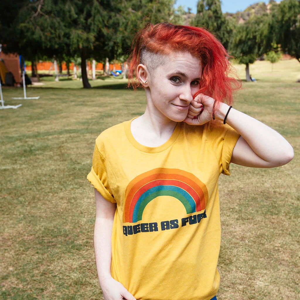 Autostraddle Queer As Fuck Heather Mustard Tee New Merch 4 Autostraddle Queer As Fuck Heather Mustard Tee New Merch