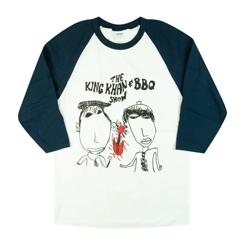 The King Khan & BBQ Show New Merch Red Guitar White & Navy Baseball Tee 1 The King Khan & BBQ Show New Merch Red Guitar White & Navy Baseball Tee