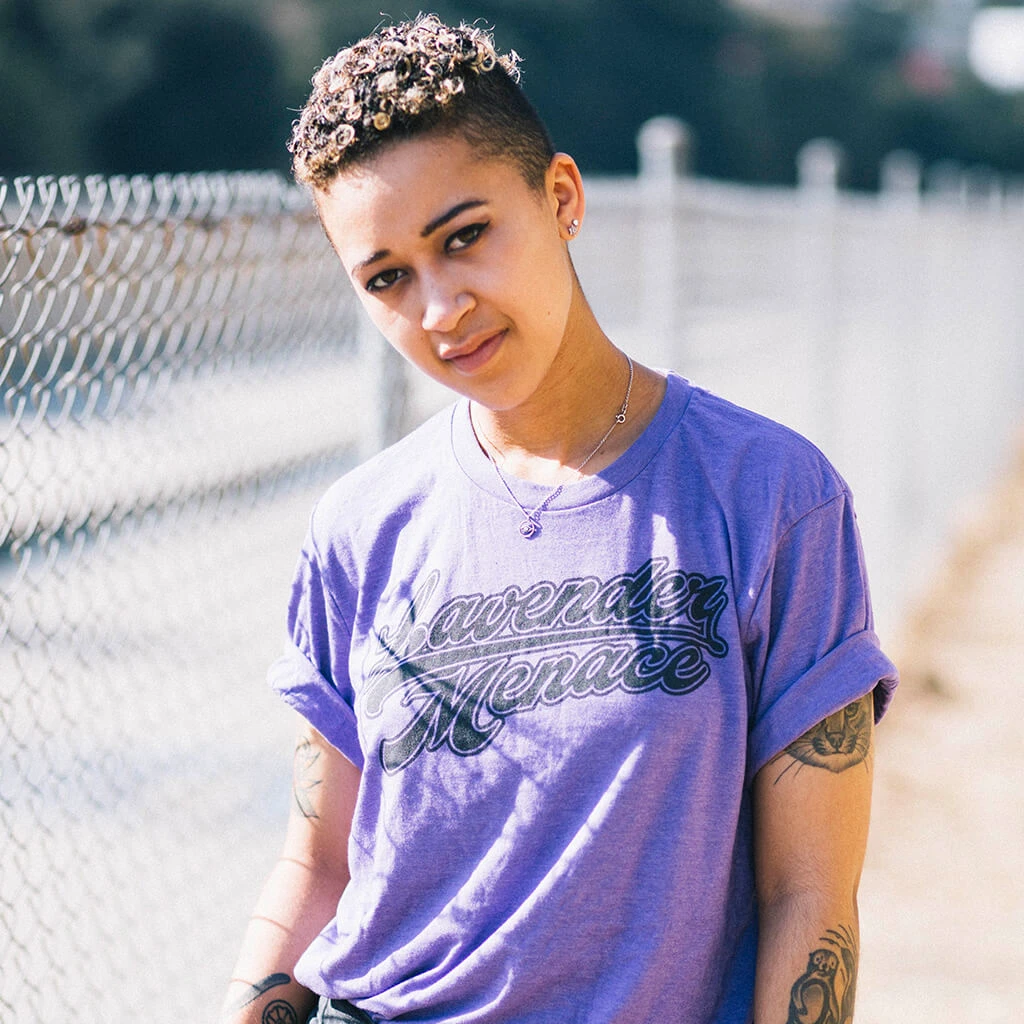 Autostraddle New Merch Lavender Menace Unisex Tee 2 Autostraddle New Merch Lavender Menace Unisex Tee